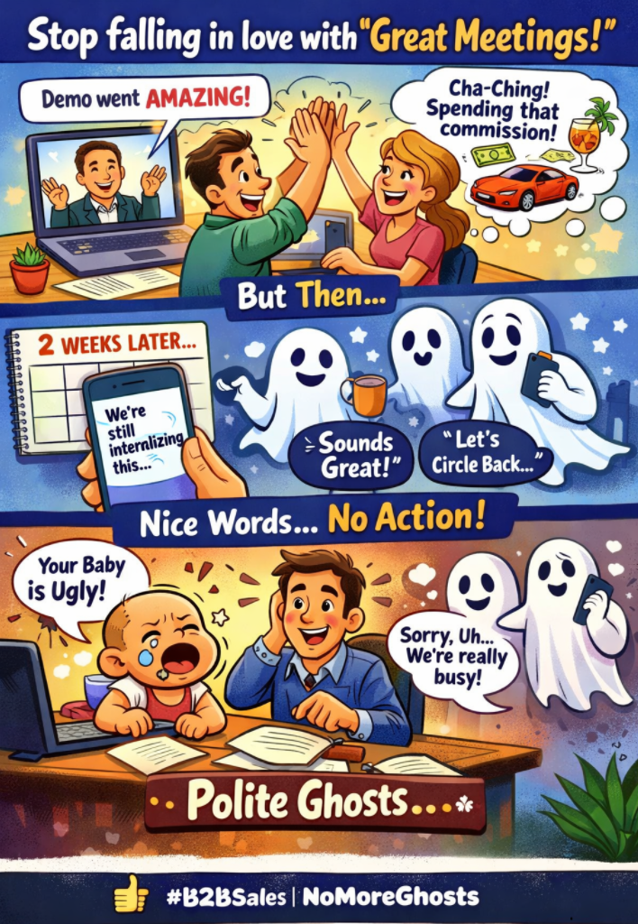 Three-panel cartoon about meeting culture: excited virtual meeting, then polite ghosts saying nice words but taking no action in the background, and a busy desk scene with a crying baby.